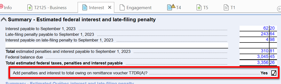Screen Capture: Add penalties and interest owing on the remittance voucher T7DR(A)
