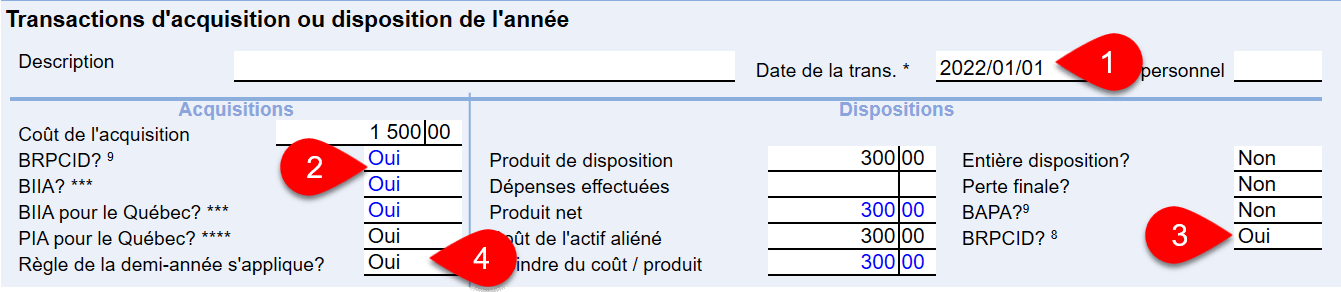 Capture d'écran : Acquisition et dipositions de l'année en cours