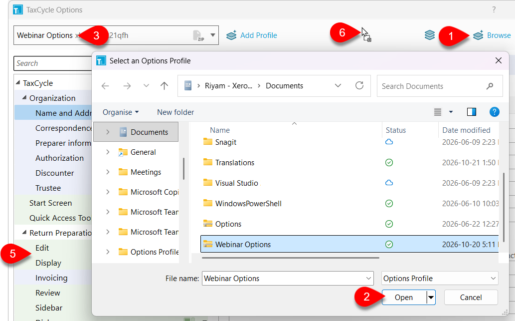 Screen Capture: Load options profile