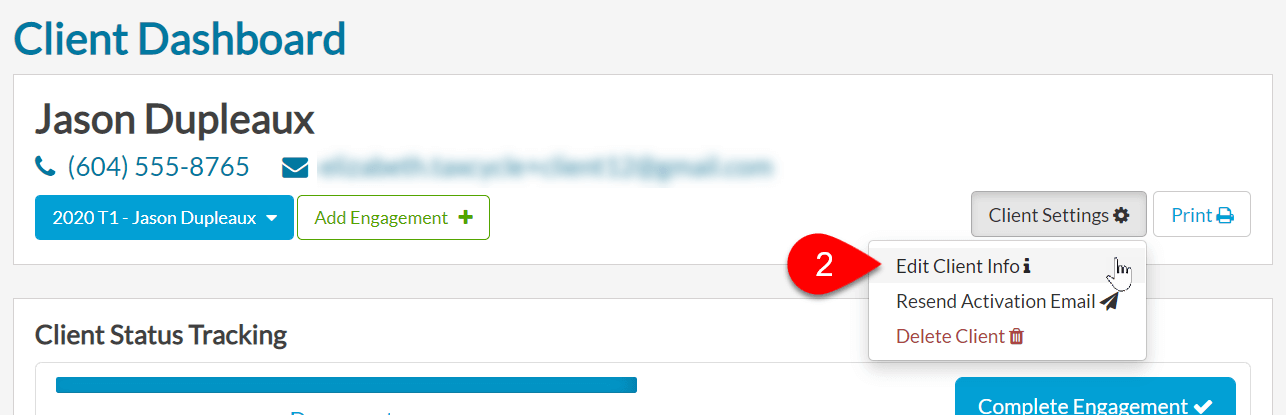 Client Settings Menu. Edit Client Info Option