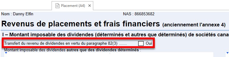 Capture d'écran : Transfert du revenu de dividendes en vertu du paragraphe 82(3)