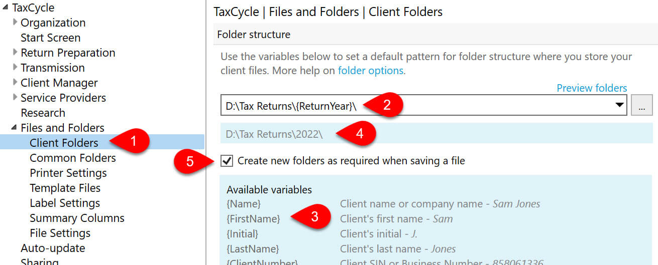 Screen Capture: Client Folder Options