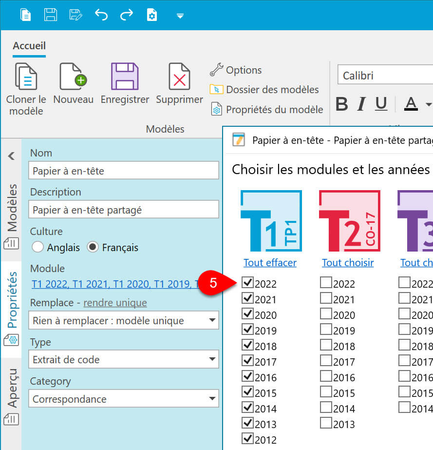 Screen Capture: Sélection de l'année du module dans les propriétés du modèle