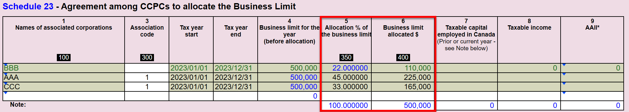 Screen Capture: Business Limit Allocation
