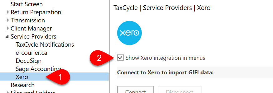 Screen Capture: Check box to show Xero integration in menus