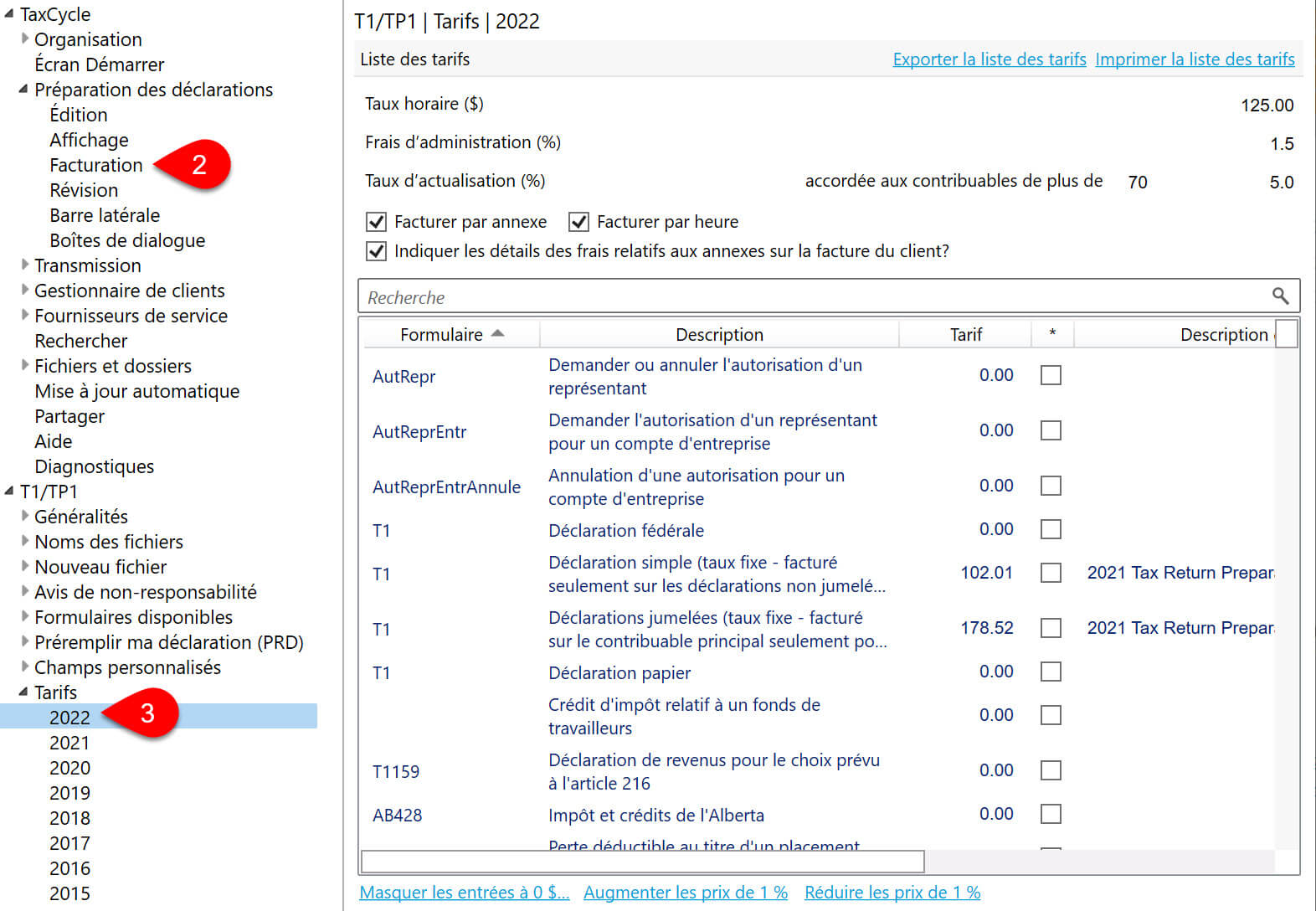 Screen Capture:  Options de tarification