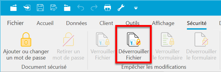 Capture d'écran : Sécurité > Déverrouiller le fichier