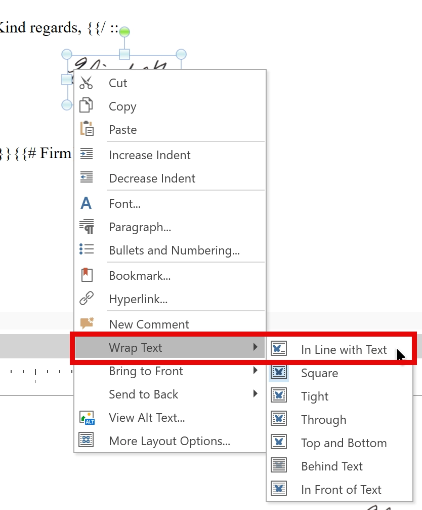 Screen Capture: Template Editor, Wrap Text, In Line with Text