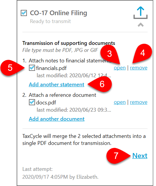 Screen Capture: Transmission of supporting documents