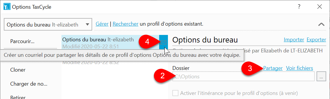 Capture d’écran : Envoyer un profil d'options par courriel