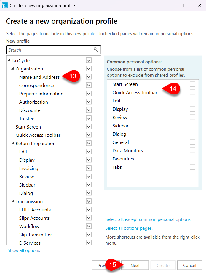 Screen Capture: Select options pages to include