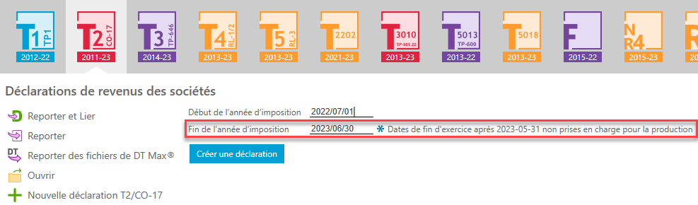 Capture d'écran : La date de fin d'année de TaxCycle T2 n'est pas certifiée pour la production