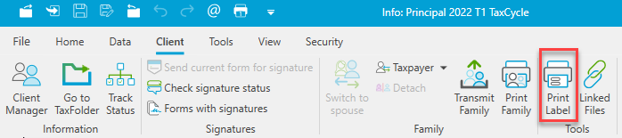 Screen capture of Print Label button in TaxCycle