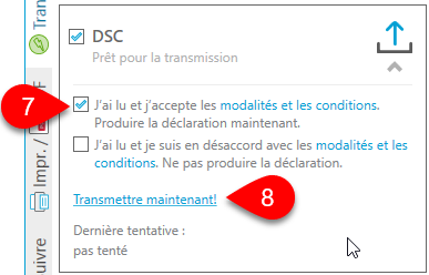 Capture d’écran : Prêt pour la transmission des DSC dans la barre latérale Transmettre