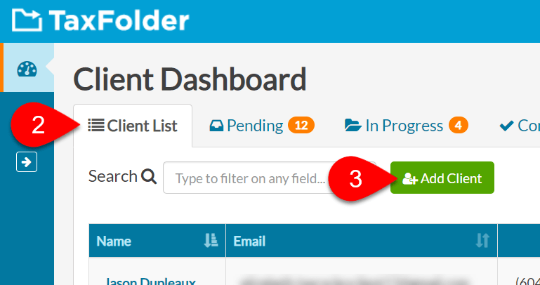 Add Client button in Client Dashboard