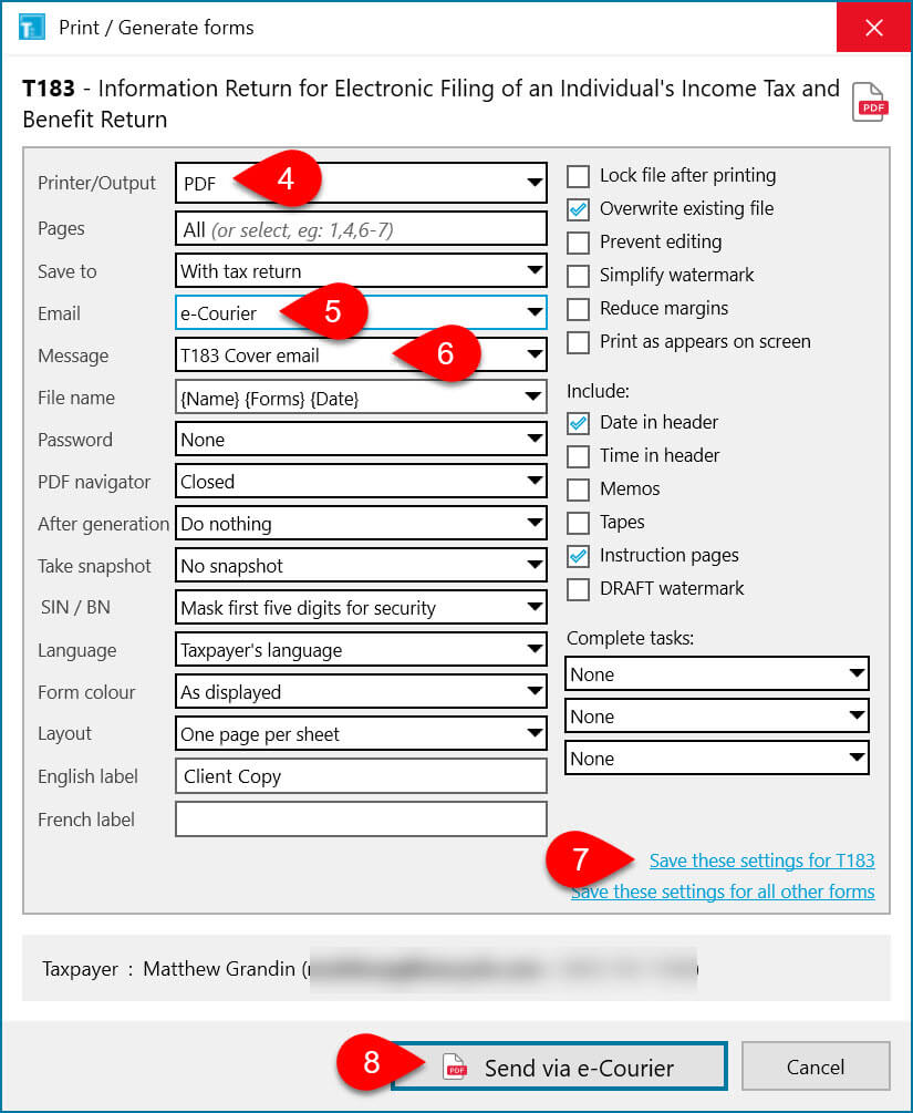 Screen Capture: TaxCycle Print Dialog