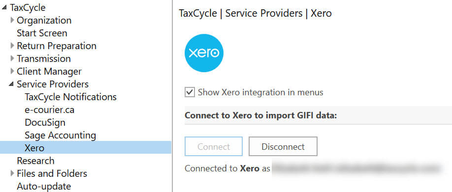Screen Capture: Xero Integration Options