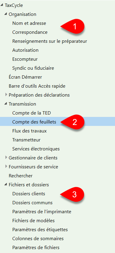 Capture d’écran : Options de feuillets dans TaxCycle