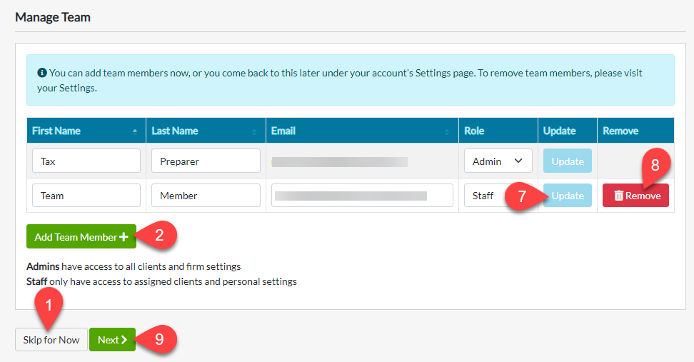 Capture d'écran : Gestion de l'équipe dans TaxFolder