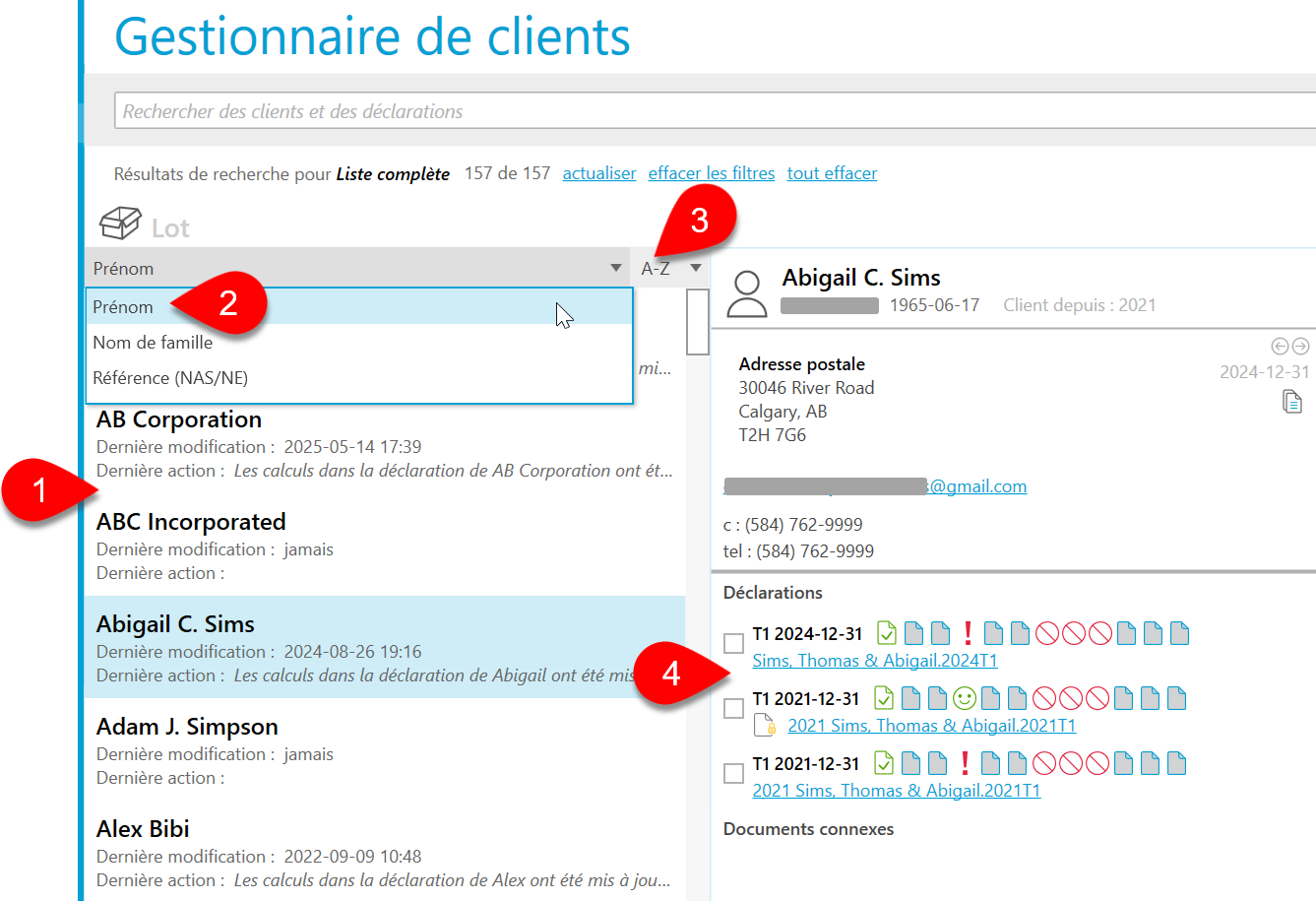 Capture d'écran : Affichage Fiche client du Gestionnaire de clients