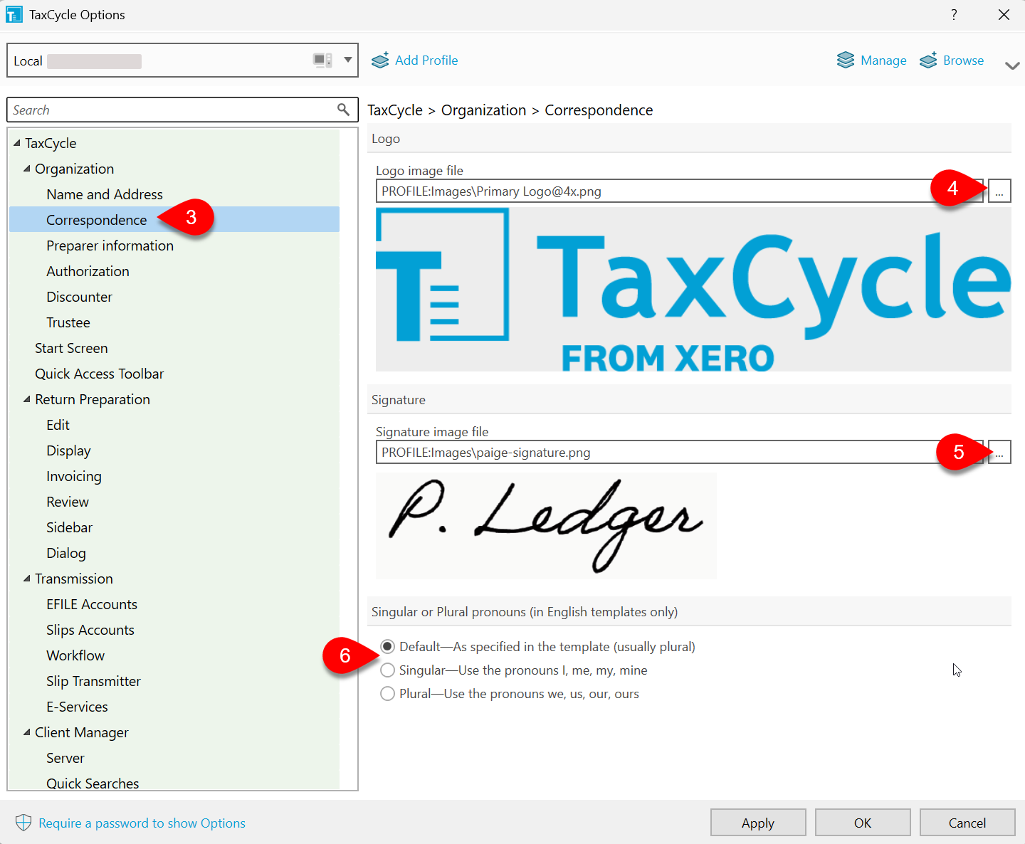 Screen Capture: Correspondence options