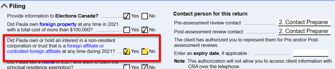 Screen Capture: Did the taxpayer own or hold an interest in a non-resident corporation?