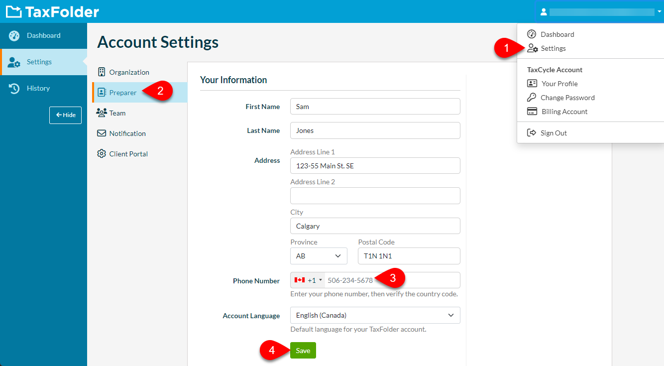 Screen Capture: Updating Staff Phone Number in TaxFolder