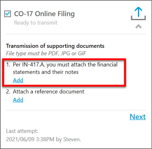 Per IN-417.A, you must attach the financial statements and their notes
