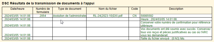Capture d'écran : Résultats de la transmission des documents à l'appui des DSC