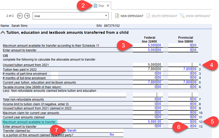 Screen Capture: Dep worksheet