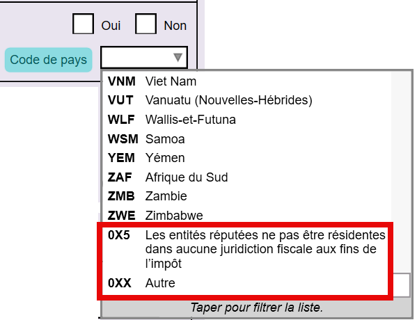 Capture d'écran : Nouveaux codes de pays sur le T106S