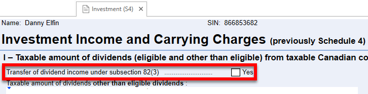 Screen Capture: Transfer of dividend income under subsection 82(3)