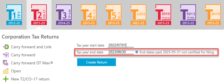 Screen Capture: TaxCycle T2 year end date not certified for filing