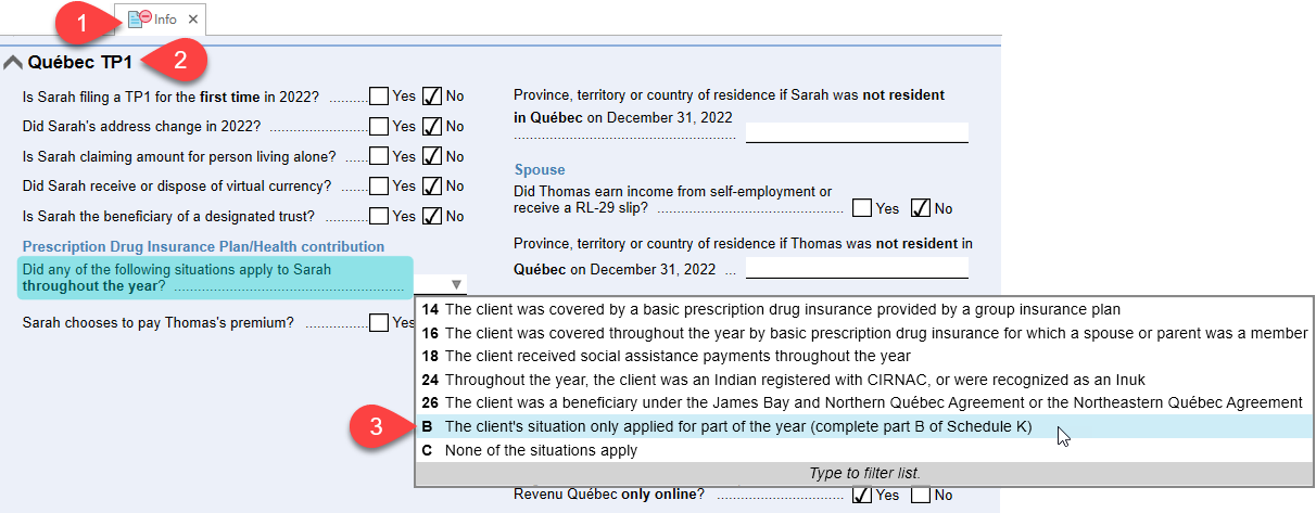 Screen Capture: Quebec TP1 section on the Info worksheet