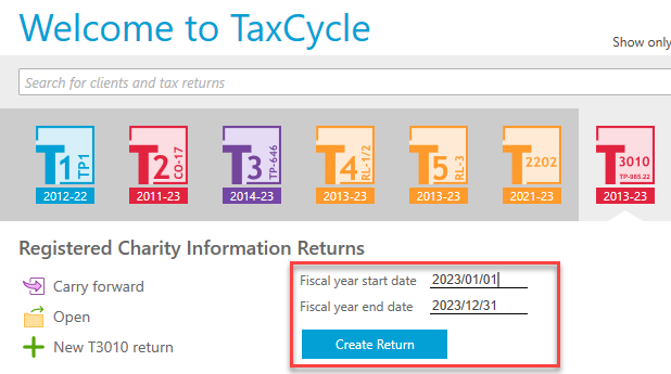 Screen Capture: Create a new T3010 return