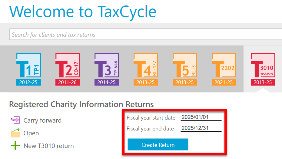 Screen Capture: Create a new T3010 return