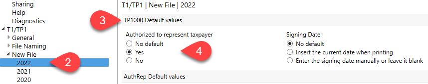 Screen Capture: TP1000 Default values in TaxCycle Options
