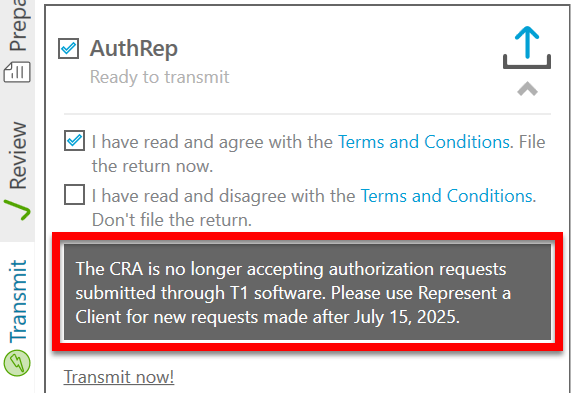 Screen Capture: CRA message in the AuthRep box