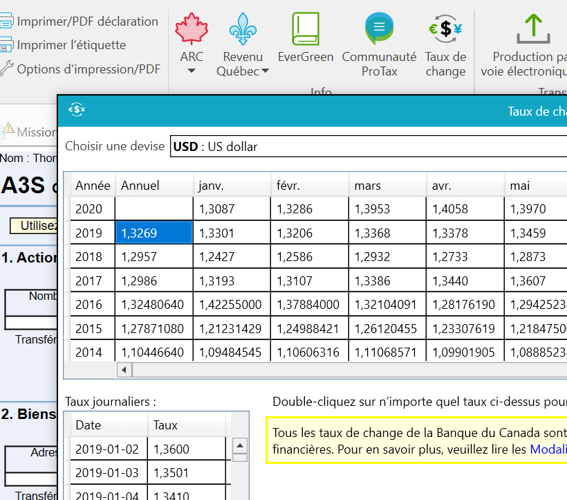 Capture d’écran : Outil pour taux de change