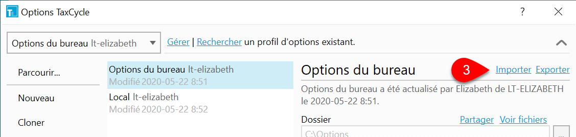 Capture d’écran : Importer un profil d'options