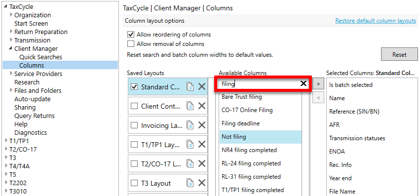 Screen Capture: Client Manager Available Columns search box