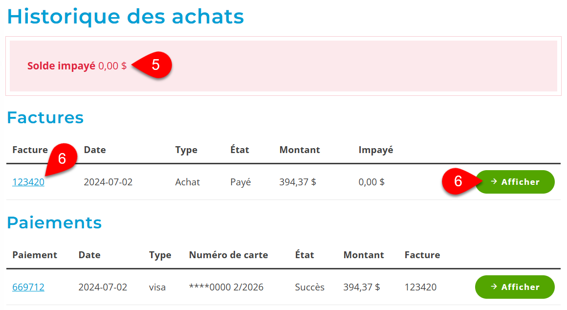 Capture d'écran : page Historique des achats