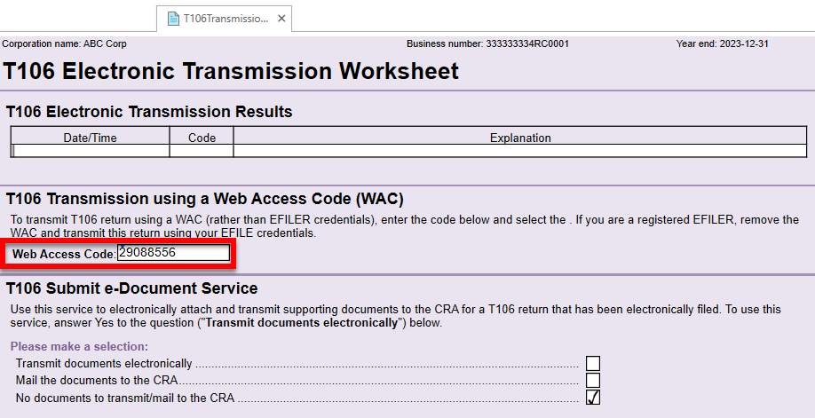 Screen Capture: Web Access Code field on the T106TransmissionWS