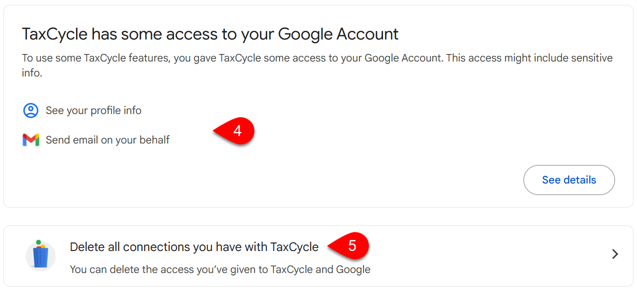 Screen Capture: TaxCycle permissions in Google