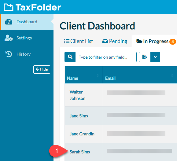 Screen Capture: Select Client on Dashboard