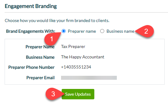 Screen Capture: Engagement Branding in TaxFolder