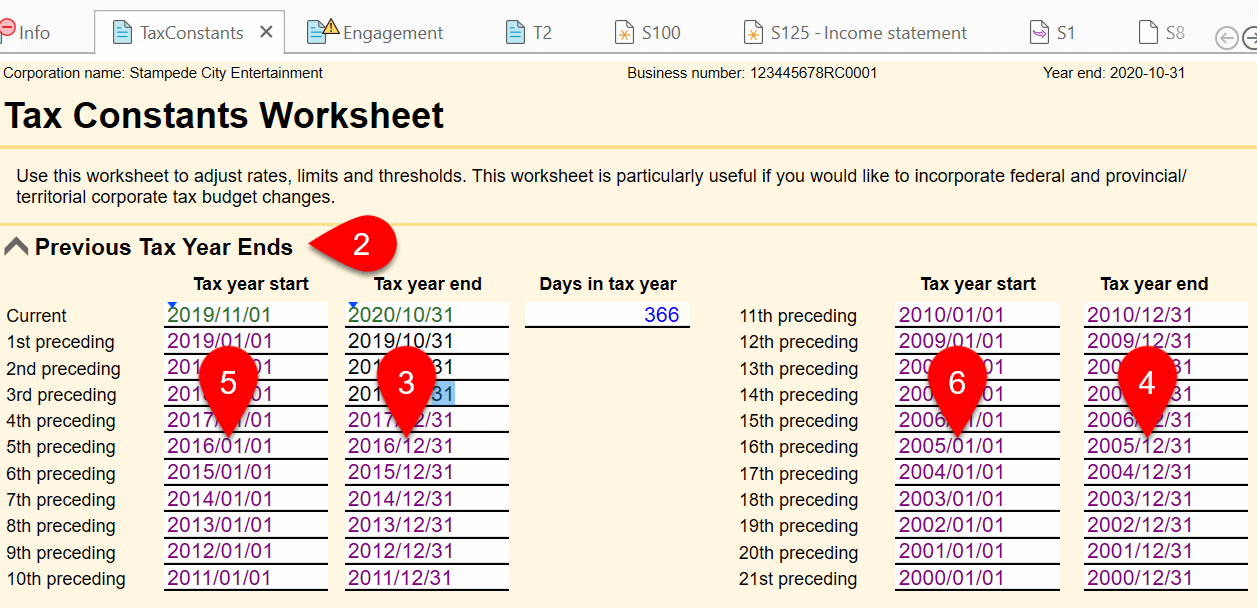 Screen Capture: Previous Tax Year Ends section on the TaxConstants