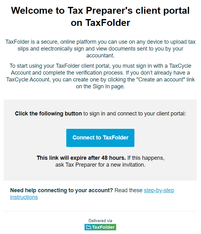 Screen Capture: Connect to TaxFolder Email