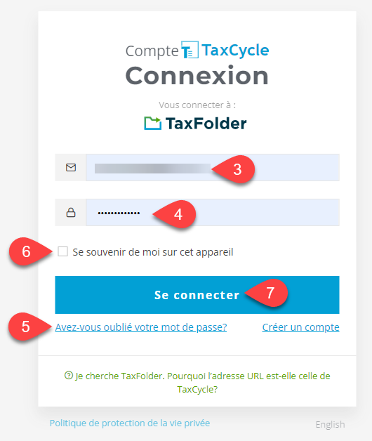 Capture d’écran : Se connecter à TaxFolder