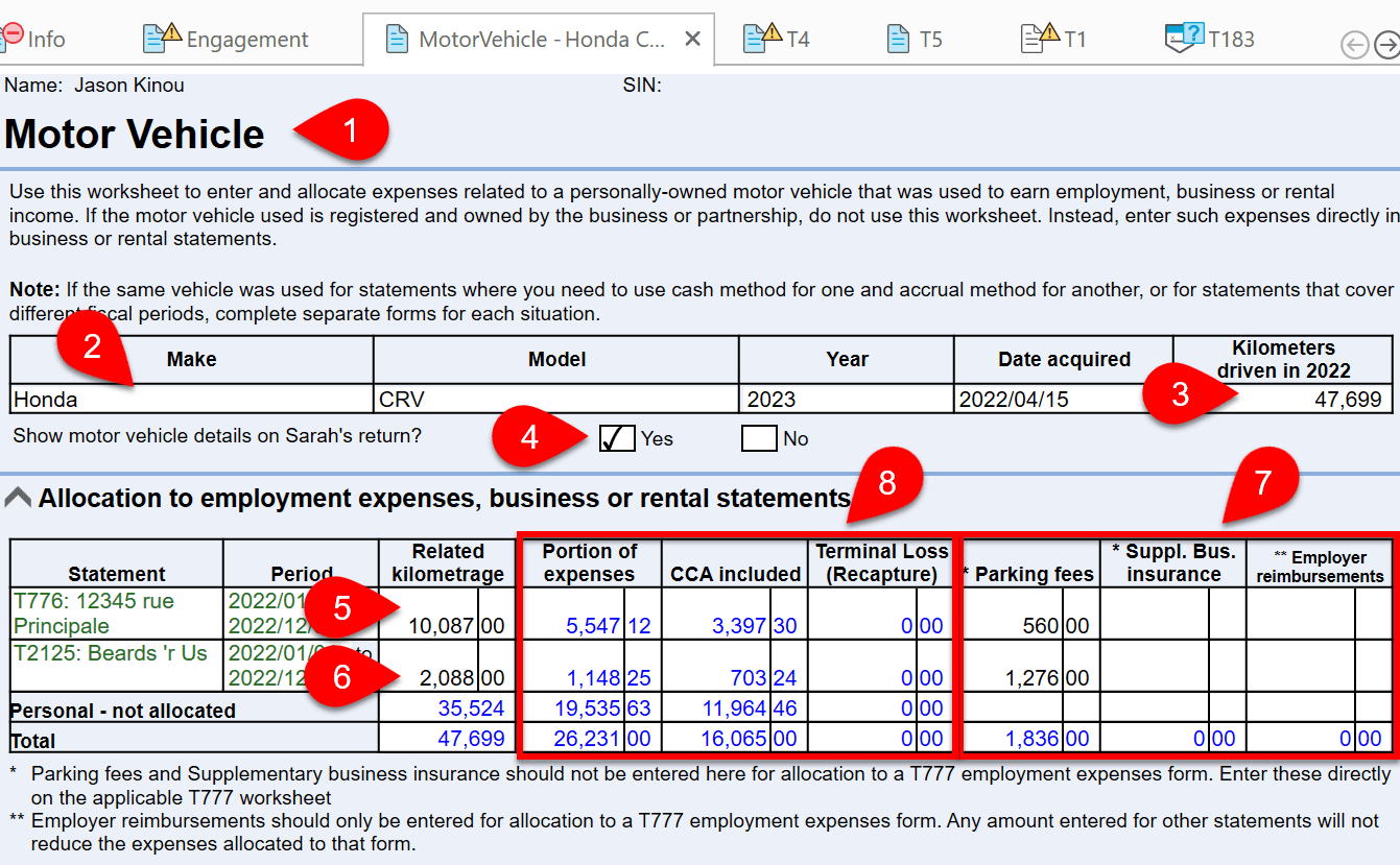 Screen Capture: Allocation to employment expenses, business or rental statements